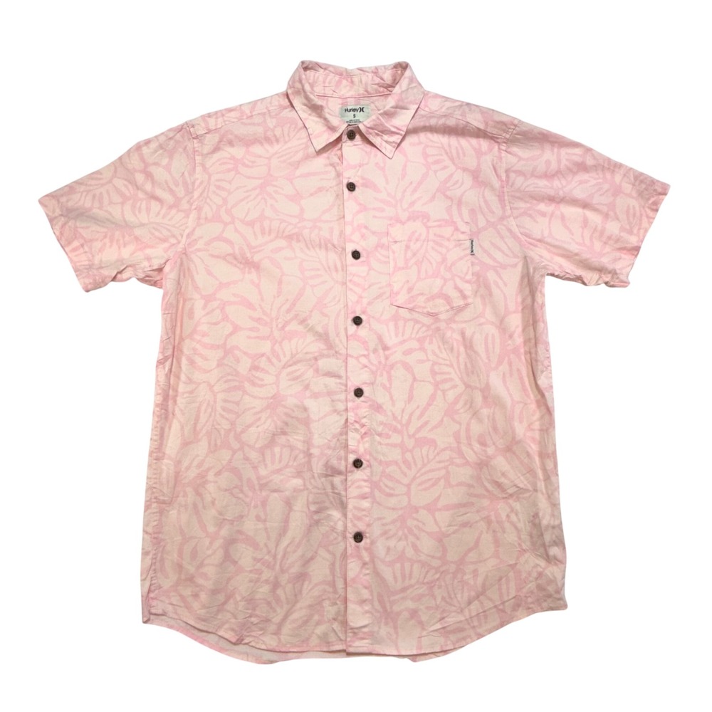 Hurley Mens Small Pink‎ Tropical Palm Leaf Print Short Sleeve Button Down Shirt